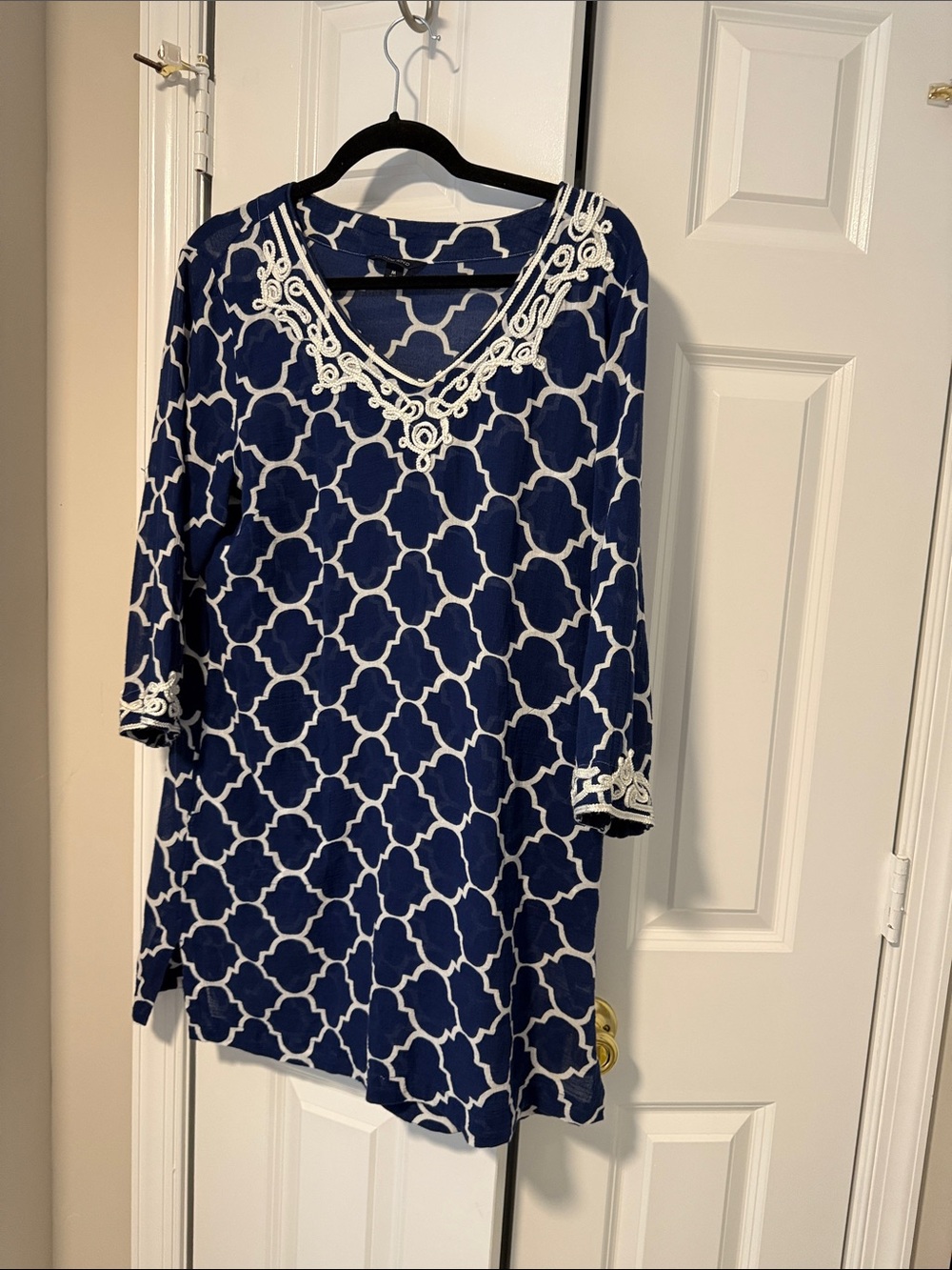 Lands End Tunic Blouse Womens Large Geometric 3/4 Sleeve Embroidered Coastal